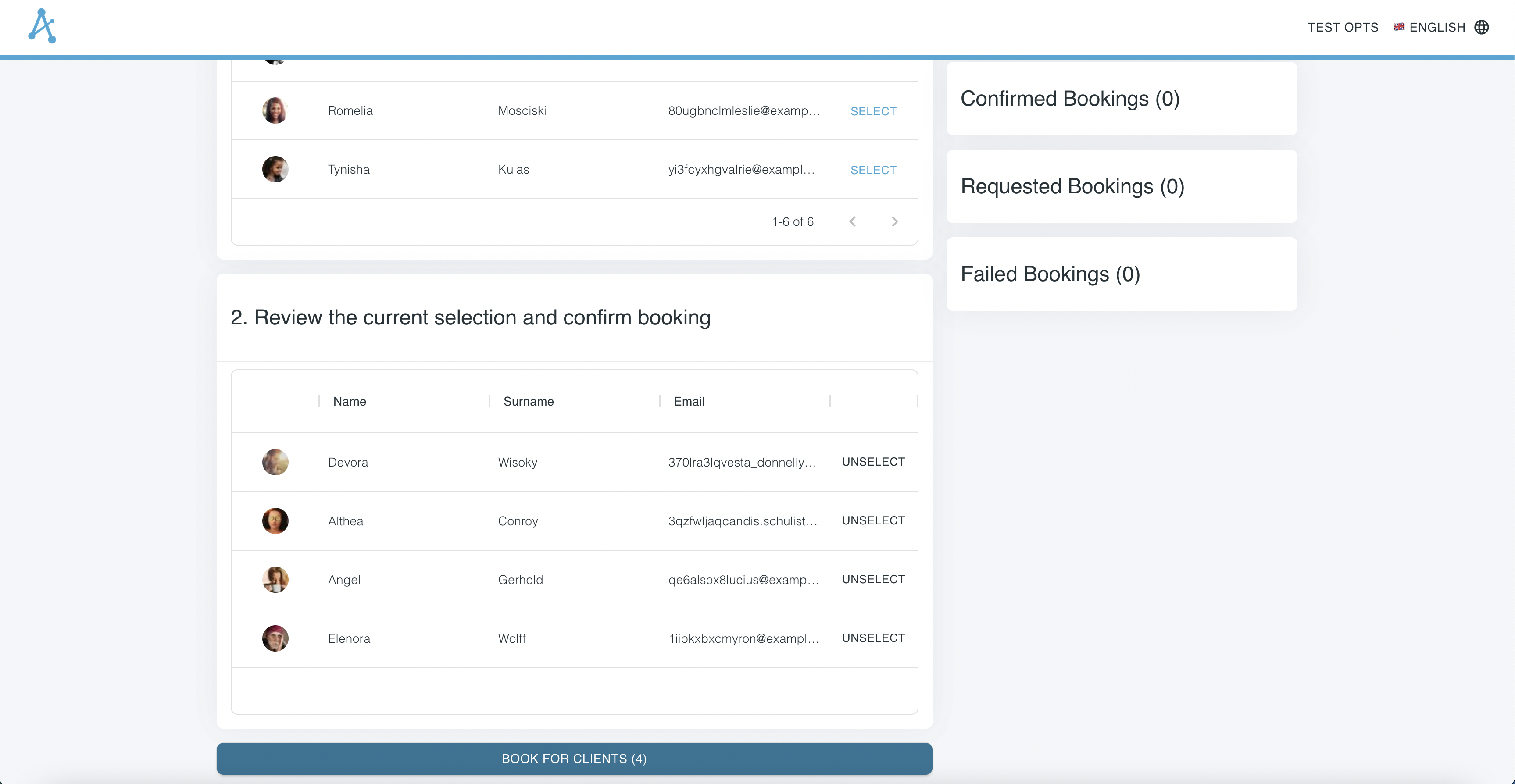 Table with selected users for session booking